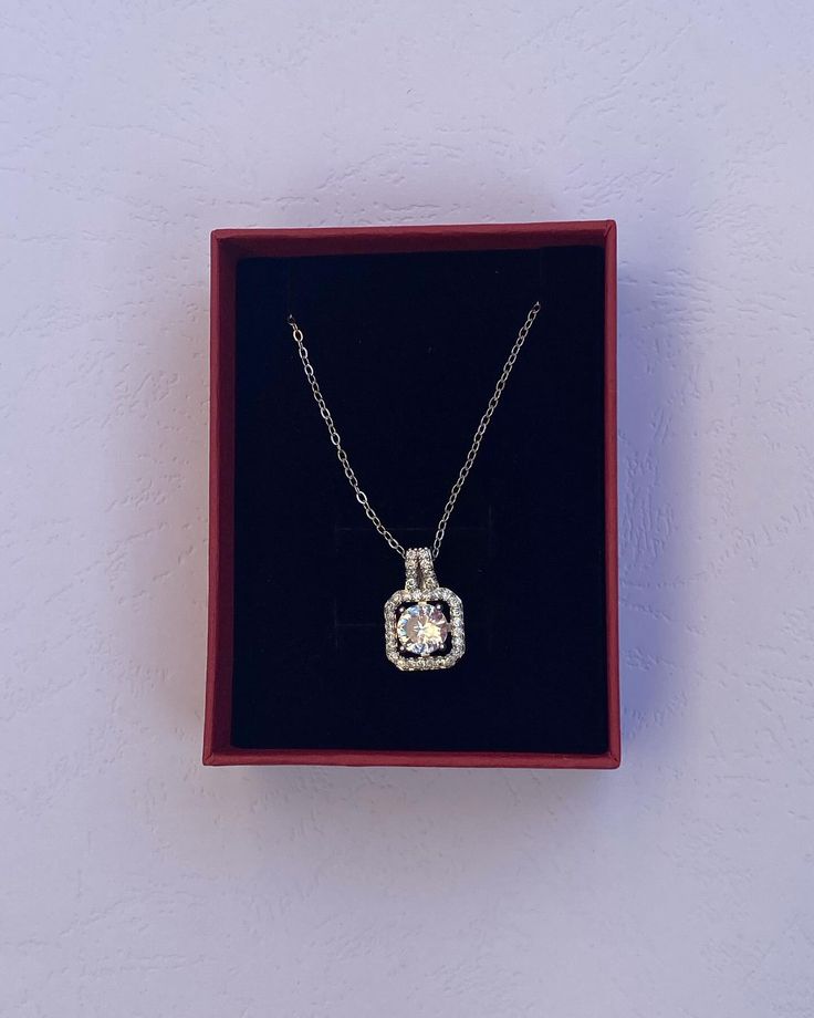 Elegant Silver Square Necklace With Rhinestone Solitaire