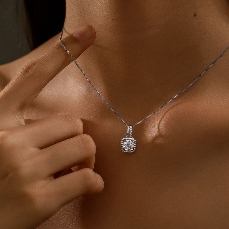 Silver Square Rhinestone Pendant Necklace - Image 2