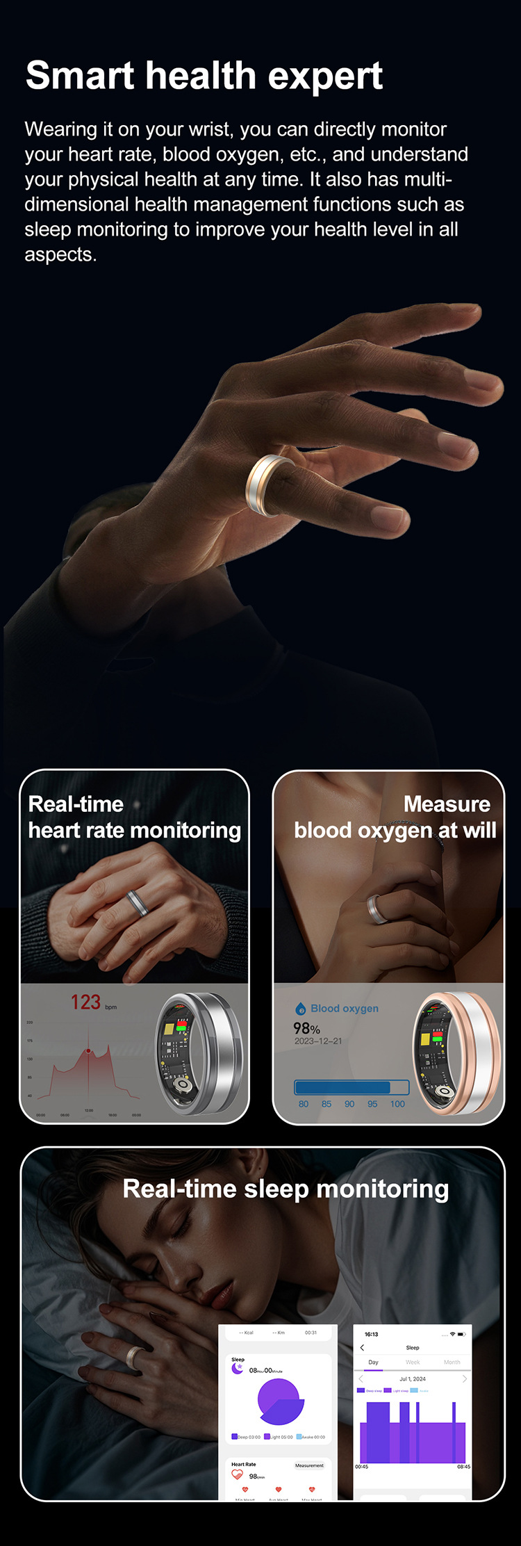 Heart Rate Blood Oxygen Sleep Monitoring Remote Control Selfie Step Counting Smart Ring