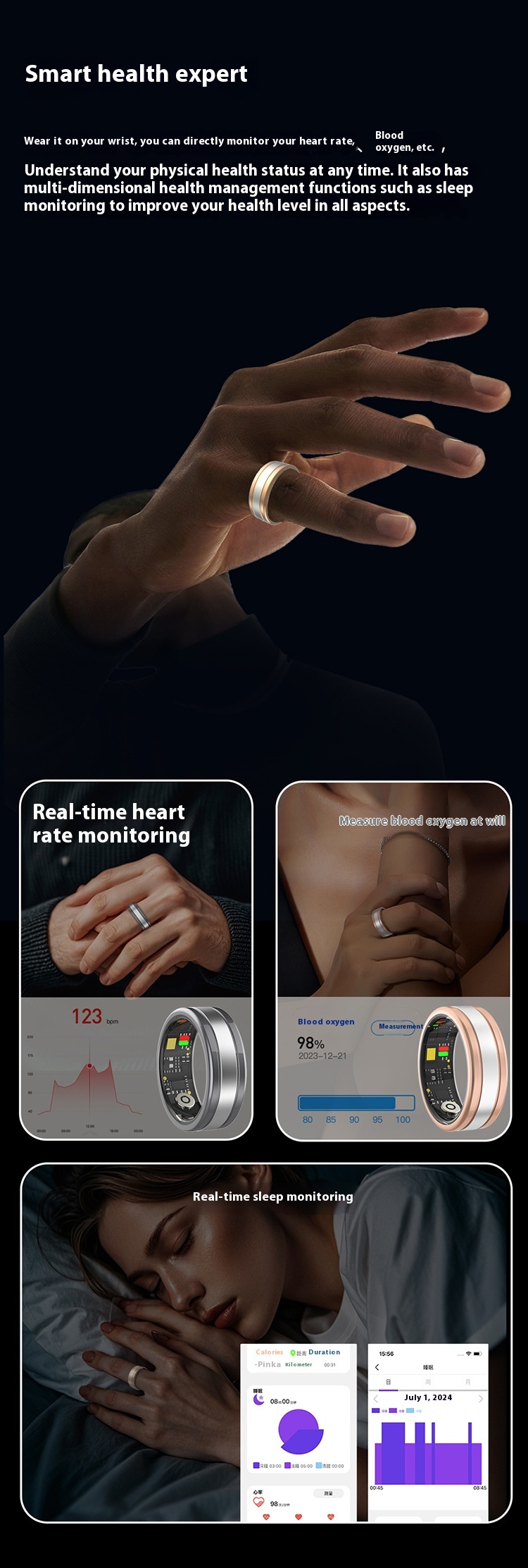 Heart Rate Blood Oxygen Sleep Monitoring Remote Control Selfie Step Counting Smart Ring
