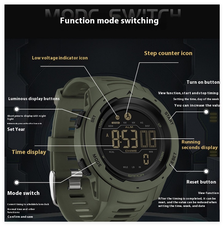 Sanda Calories Waterproof Multifunctional Shockproof Smart Men's And Women's Watch